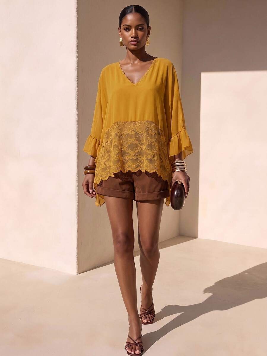 Zivah Women's V-Neck Ruffle Sleeve Loose Contrast Lace Blouse,Autumn Top Vacation Mustard Yellow Boho