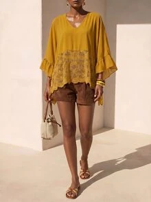 Zivah Women's V-Neck Ruffle Sleeve Loose Contrast Lace Blouse,Autumn Top Vacation Mustard Yellow Boho - Mustard Yellow - View 4