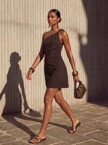 Zivah New Summer Music Festival, Easter, Mother's Day, Western Style, Elegant, Commute, Business Casual, One Shoulder Twisted Strap Short A-Line Dress, Waist Cinched Pleated, Textured Fabric Women's Modern Commute Vacation Elegant Romantic Short Dress - Brown - View 9