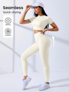 SHEIN Core Rhythm 2件套高弹无缝女士纯色插肩短袖露脐T恤和紧身裤运动套装，女士塑形运动服，女士紧身裤和上衣套装，女士紧身裤套装，2件套速干运动套装，女士健身服套装，2件套健身套装，紧身裤套装，2件套健身套装，瑜伽运动服套装，女士运动套装，夏季女士套装 - 米色 - 查看 6