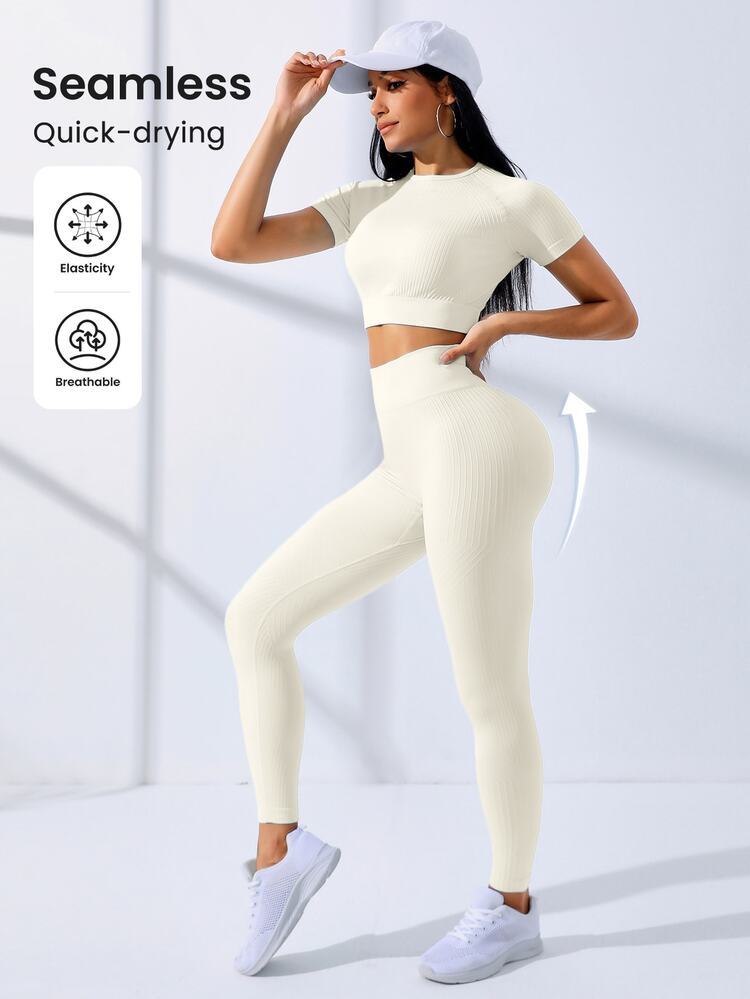 SHEIN Core Rhythm 2PCS Women's Seamless Workout Set,High Elastic Beige Summer Athleisure Pilates Outfits,Short Sleeve Cropped T-Shirt And Tummy Control Leggings Set - Beige - View 5
