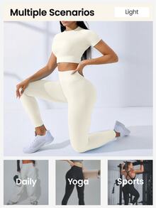 SHEIN Core Rhythm 2件套高弹无缝女士纯色插肩短袖露脐T恤和紧身裤运动套装，女士塑形运动服，女士紧身裤和上衣套装，女士紧身裤套装，2件套速干运动套装，女士健身服套装，2件套健身套装，紧身裤套装，2件套健身套装，瑜伽运动服套装，女士运动套装，夏季女士套装 - 米色 - 查看 8
