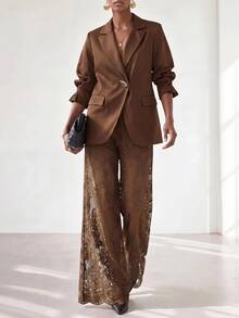 Zivah Women's Solid Color Metal Decor Long Sleeve Jacket And Lace Pants Commuter Suit Set - Brown - View 2
