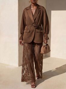 Zivah Women's Solid Color Metal Decor Long Sleeve Jacket And Lace Pants Commuter Suit Set - Brown - View 11