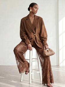 Zivah Women's Solid Color Metal Decor Long Sleeve Jacket And Lace Pants Commuter Suit Set - Brown - View 9