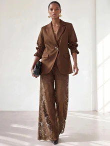 Zivah Women's Solid Color Metal Decor Long Sleeve Jacket And Lace Pants Commuter Suit Set - Brown - View 10