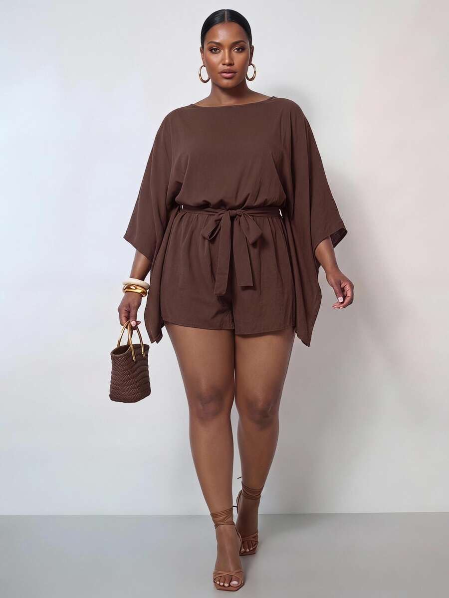 Zivah Plus Size Women Solid Color Waist Knot Casual Alternative Daily Outing Romper Autumn Brunch Formal Vacation Brown