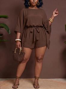 Zivah Plus Size Women Solid Color Waist Knot Casual Alternative Daily Outing Romper Autumn Brunch Formal Vacation Brown - Brown - View 10