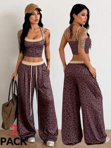 Coolane Women's Leopard Print Halter Neck Tie Tank Top And Drawstring Waist Long Pants 2 Pieces Set - Multicolor - View 3