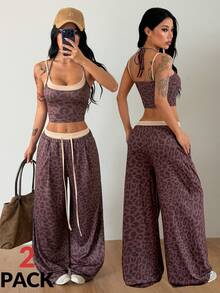 Coolane Women's Leopard Print Halter Neck Tie Tank Top And Drawstring Waist Long Pants 2 Pieces Set - Multicolor - View 1