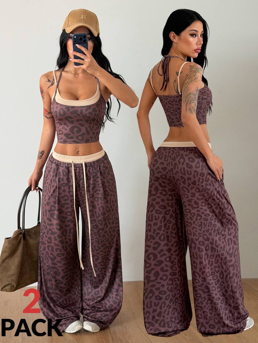 Coolane Women's Leopard Print Halter Neck Tie Tank Top And Drawstring Waist Long Pants 2 Pieces Set - Multicolor - View 1