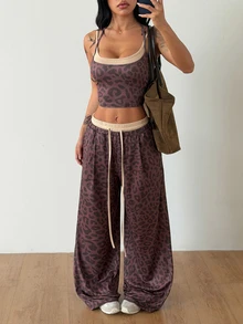 Coolane Women's Leopard Print Halter Neck Tie Tank Top And Drawstring Waist Long Pants 2 Pieces Set - Multicolor - View 4