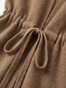 SHEIN Autumn/Winter New Casual Minimalist Solid Color V-Neck Drawstring Tie Mid-Length Knit Vest For Women, Casual Daily Commute Outfit - Khaki - View 7