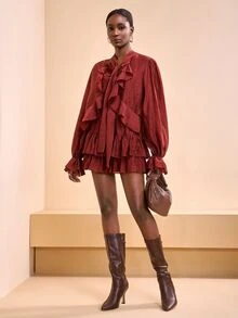 Zivah Burgundy,Autumn,Elegant,Brunch Women Mini Dress,Spring/Summer Boho Long-Sleeved Loose Reddish-Brown Multi-Layered Ruffles Front Neckline Tie Detail,Z - Rust Brown - View 8