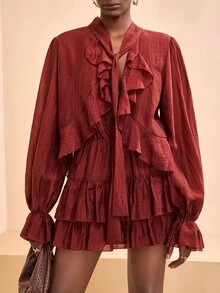Zivah Burgundy,Autumn,Elegant,Brunch Women Mini Dress,Spring/Summer Boho Long-Sleeved Loose Reddish-Brown Multi-Layered Ruffles Front Neckline Tie Detail,Z - Rust Brown - View 2