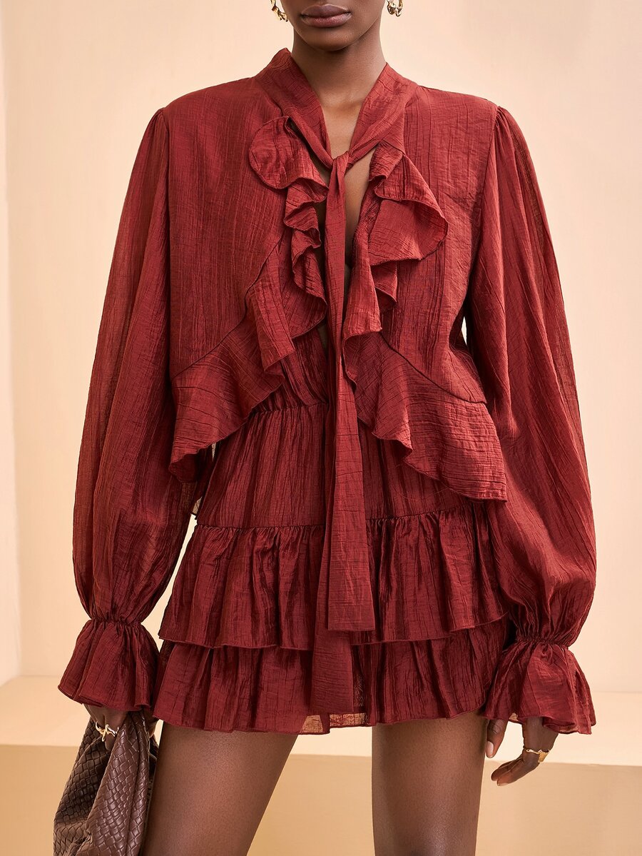 Zivah Burgundy,Autumn,Elegant,Brunch Women Mini Dress,Spring/Summer Boho Long-Sleeved Loose Reddish-Brown Multi-Layered Ruffles Front Neckline Tie Detail,Z