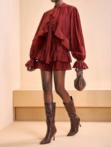 Zivah Burgundy,Autumn,Elegant,Brunch Women Mini Dress,Spring/Summer Boho Long-Sleeved Loose Reddish-Brown Multi-Layered Ruffles Front Neckline Tie Detail,Z - Rust Brown - View 6