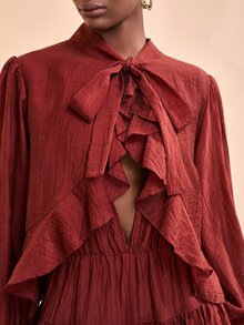 Zivah Burgundy,Autumn,Elegant,Brunch Women Mini Dress,Spring/Summer Boho Long-Sleeved Loose Reddish-Brown Multi-Layered Ruffles Front Neckline Tie Detail,Z - Rust Brown - View 9