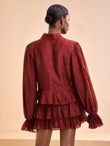 Zivah Burgundy,Autumn,Elegant,Brunch Women Mini Dress,Spring/Summer Boho Long-Sleeved Loose Reddish-Brown Multi-Layered Ruffles Front Neckline Tie Detail,Z - Rust Brown - View 3