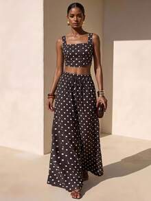Zivah Women's Black And White Polka Dot Top And Pocket Wide Leg Pants Casual Retro Vintage 70s Retro 80s And 90s Tropical Outfit Beach Vacation Summer - Brown - View 1