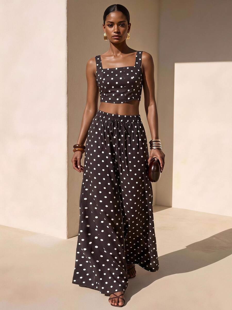Zivah Women's Black And White Polka Dot Top And Pocket Wide Leg Pants Casual Retro Vintage 70s Retro 80s And 90s Tropical Outfit Beach Vacation Summer - Brown - View 1