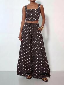 Zivah Women's Black And White Polka Dot Top And Pocket Wide Leg Pants Casual Retro Vintage 70s Retro 80s And 90s Tropical Outfit Beach Vacation Summer - Brown - View 4