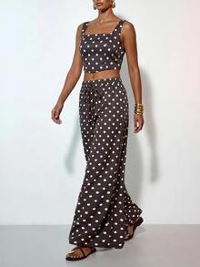 Zivah Women's Black And White Polka Dot Top And Pocket Wide Leg Pants Casual Retro Vintage 70s Retro 80s And 90s Tropical Outfit Beach Vacation Summer - Brown - View 3