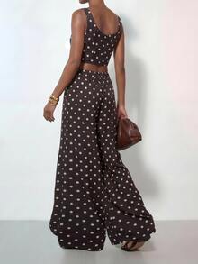 Zivah Women's Black And White Polka Dot Top And Pocket Wide Leg Pants Casual Retro Vintage 70s Retro 80s And 90s Tropical Outfit Beach Vacation Summer - Brown - View 2