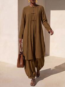 Zivah Women's Elegant Olive Green Chinese Style Long Sleeve Split Top Frog Button Lantern Pants 2 Pieces Set Loose Commuter Everyday Party Fall - Brown - View 6