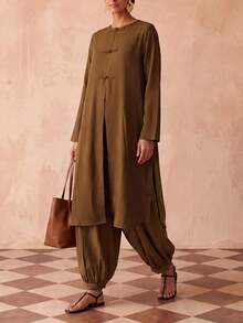 Zivah Women's Elegant Olive Green Chinese Style Long Sleeve Split Top Frog Button Lantern Pants 2 Pieces Set Loose Commuter Everyday Party Fall - Brown - View 8