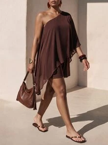 Zivah New Fall/Winter Plus Size Women's Brown Off-The-Shoulder Mesh Shawl Jumpsuit/Vacation/Elegant/Holiday/Party/Festival/Boho/Concert/Office/Commuting - Brown - View 7