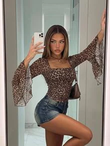 SHEIN ICON 女款波西米亞風性感方領網紗修身豹紋喇叭袖上衣 - 彩色 - 查看 4