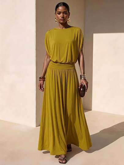 Zivah Vestido largo elegante de mujer color liso con cuello redondo, mangas de murciélago y cintura fruncida, verde oliva, para vacaciones de verano