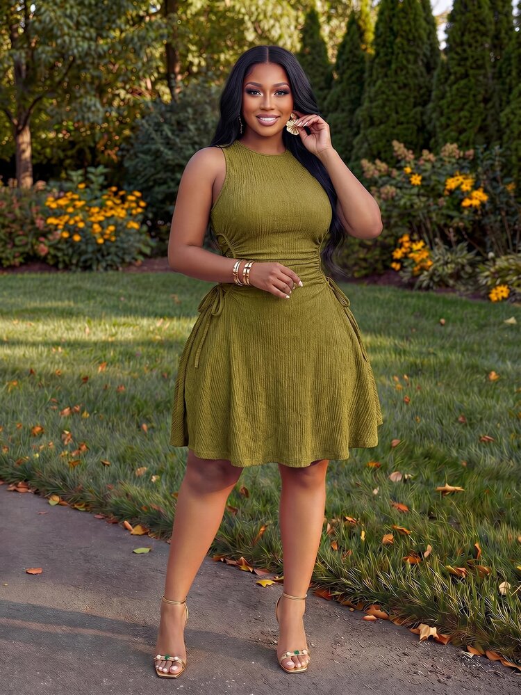 Zivah 2026 Spring/Summer Women's Plus Size New Music Festival Anniversary Graduation Season Basic Versatile Cruise Travel Sexy Beach Elegant Romantic Classic Yellow Green Textured Fabric Sleeveless Round Neck Cinched Waist A-Line Short Dress - Olive Green - View 6