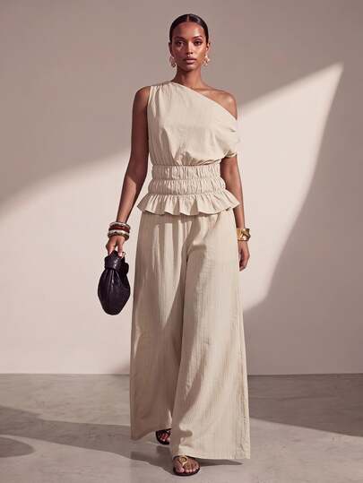 Zivah New Summer Casual Vacation Loose Off-Shoulder Ruffle Top + Wide Leg Pants 2 Pieces Set, Suitable For Daily Wear, Vacation, Music Festival, Travel, Beach, Party, Airport, Brunch, Bohemian Style, Casual, Work, Graduation Ceremony, Country Music Concert And More Occasions