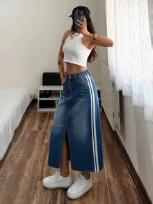 SHEIN Women's Casual Denim Skirt With Side Pockets, Striped Hem And Slit - Blue - View 5