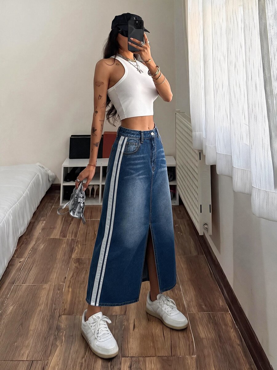 SHEIN Women's Casual Denim Skirt With Side Pockets, Striped Hem And Slit - Blue - View 1