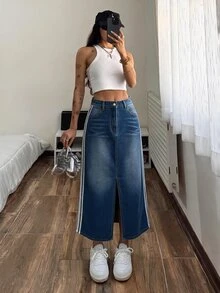 SHEIN Women's Casual Denim Skirt With Side Pockets, Striped Hem And Slit - Blue - View 3