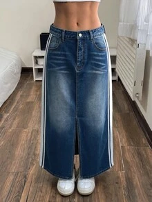 SHEIN Women's Casual Denim Skirt With Side Pockets, Striped Hem And Slit - Blue - View 4