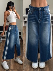 SHEIN Women's Casual Denim Skirt With Side Pockets, Striped Hem And Slit - Blue - View 7