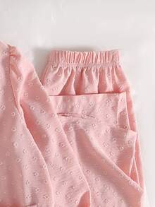 Pink Christmas Halloween Pajamas Set Teen Girls Floral Trim Ruffle Sleeve Loose Long Sleeve Button Up Top Pants Loungewear Nightwear White Fall Cute - Pink - View 6