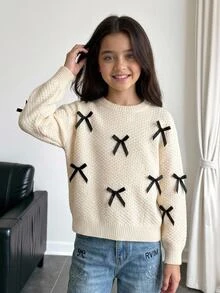 SHEIN 少女前蝴蝶結落肩燈籠袖針織衫 - 杏色 - 查看 7