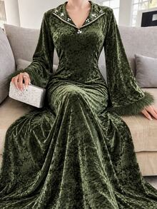 Al Najma Women Fall Winter Elegant Dark Green V Lapel Velvet Long Sleeve Dress Rhinestone Decor Flare Sleeve Feather Fringe For Banquet Party - Olive Green - View 7