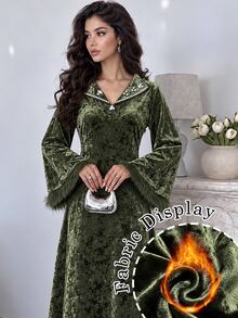 Al Najma Women Fall Winter Elegant Dark Green V Lapel Velvet Long Sleeve Dress Rhinestone Decor Flare Sleeve Feather Fringe For Banquet Party - Olive Green - View 6