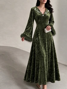 Al Najma Women Fall Winter Elegant Dark Green V Lapel Velvet Long Sleeve Dress Rhinestone Decor Flare Sleeve Feather Fringe For Banquet Party - Olive Green - View 5