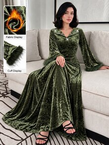 Al Najma Women Fall Winter Elegant Dark Green V Lapel Velvet Long Sleeve Dress Rhinestone Decor Flare Sleeve Feather Fringe For Banquet Party - Olive Green - View 4