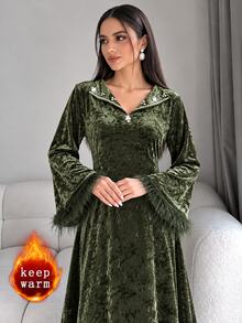 Al Najma Women Fall Winter Elegant Dark Green V Lapel Velvet Long Sleeve Dress Rhinestone Decor Flare Sleeve Feather Fringe For Banquet Party - Olive Green - View 2