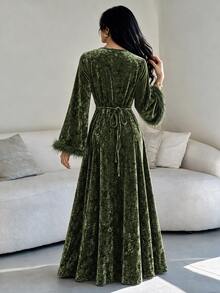 Al Najma Women Fall Winter Elegant Dark Green V Lapel Velvet Long Sleeve Dress Rhinestone Decor Flare Sleeve Feather Fringe For Banquet Party - Olive Green - View 3