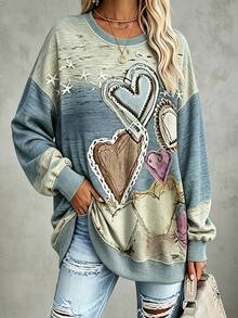 Linhara CURVE Plus Size Women's Vintage Heart Pattern Sweatshirt, Bohemian Style Top, Loose Fit For All Seasons, Suitable For Holiday Parties, Office Wear And Casual Looks - Multicolor - View 1