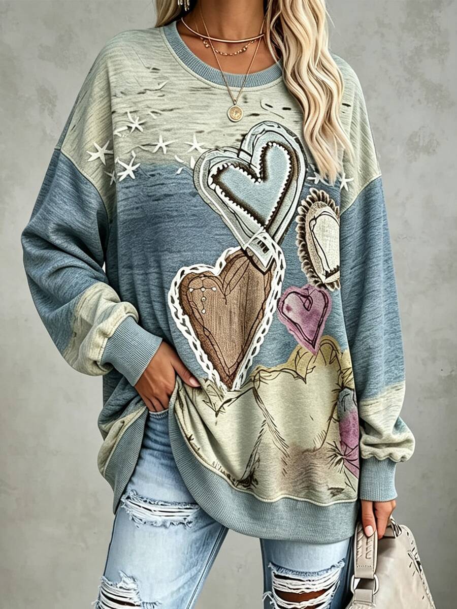 Linhara CURVE Plus Size Women's Vintage Heart Pattern Sweatshirt, Bohemian Style Top, Loose Fit For All Seasons, Suitable For Holiday Parties, Office Wear And Casual Looks - Multicolor - View 1